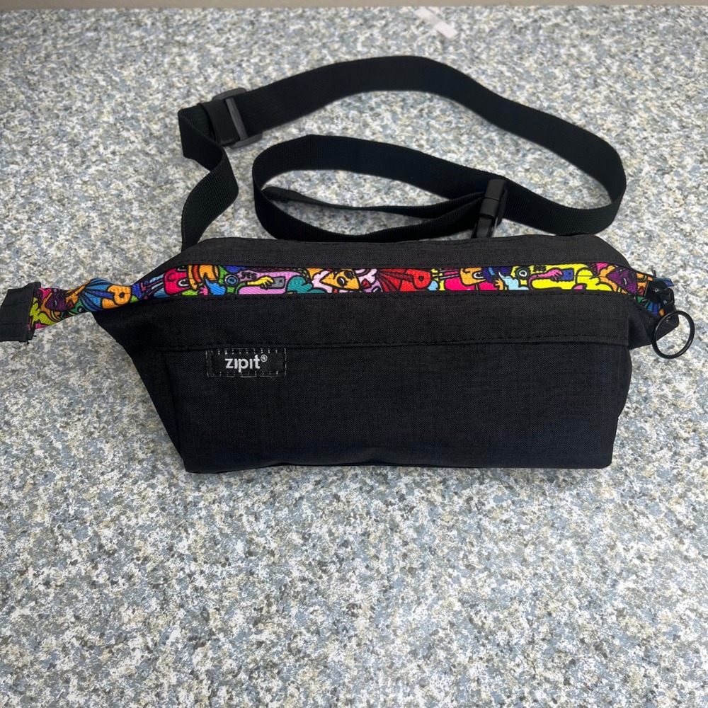 Zipit Hip Bag Fanny Pack Black Multi Color Doodle Print Adjustable Strap Canvas